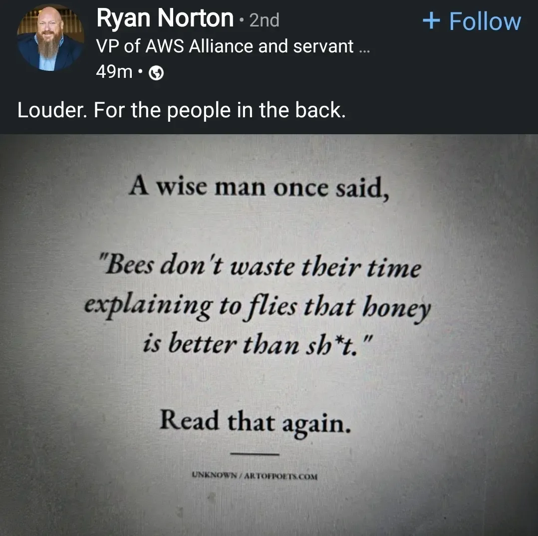 image post: "A wise man once said bees don't waste their time explaining to field that honey is better than shit.

read that again."

The caption for the post says louder for the people at the back. VP of AWS alliance and servant...