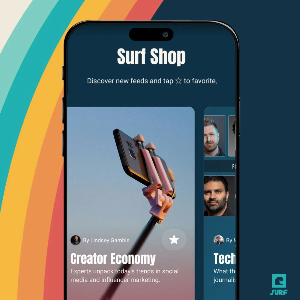 Screenshot of Flipboard Surf app showing the Surf Shop section, which has a feed called Creator Economy by Lindsey Gamble.
