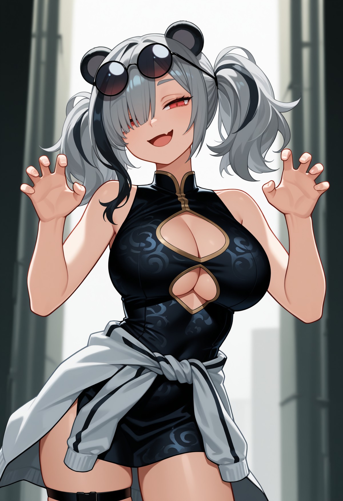 A young woman with red eyes, gray hair with black streaks styled in two high pigtails, round bear ears, and a playful, open-mouthed smile with a skinfang. She is posing with both hands raised to shoulder height with her fingers spread in a claw-like gesture. She is wearing a sleeveless, black cheongsam-style dress with a keyhole cutout on the chest and gold trim, a white and gray jacket tied around her waist, with round, dark-lensed shades pushed up onto her hair. The background is an out-of-focus, narrow corridor between tall, gray walls.