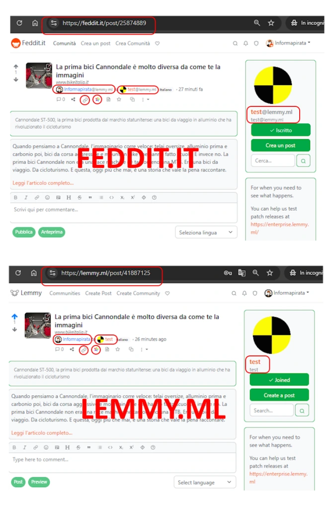 Gioco di specchi: stesso post ma su due server Lemmy diversi