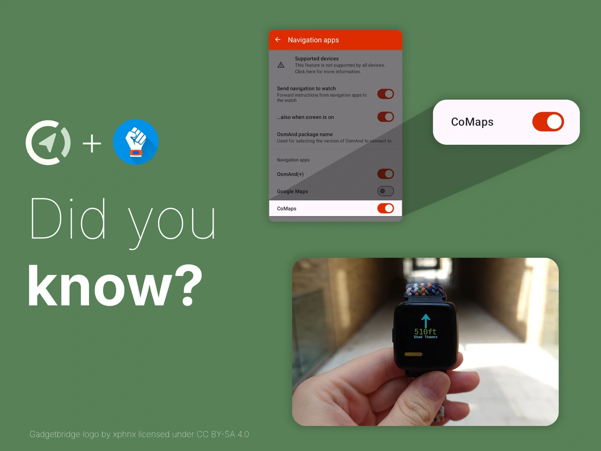 a share pic reading "did you know" with the comaps and gadgetbridge logos and screenshots outlining the navigation app settings where one can enable comaps, below it a screenshot of a smartwatch showing CoMaps navigation directions