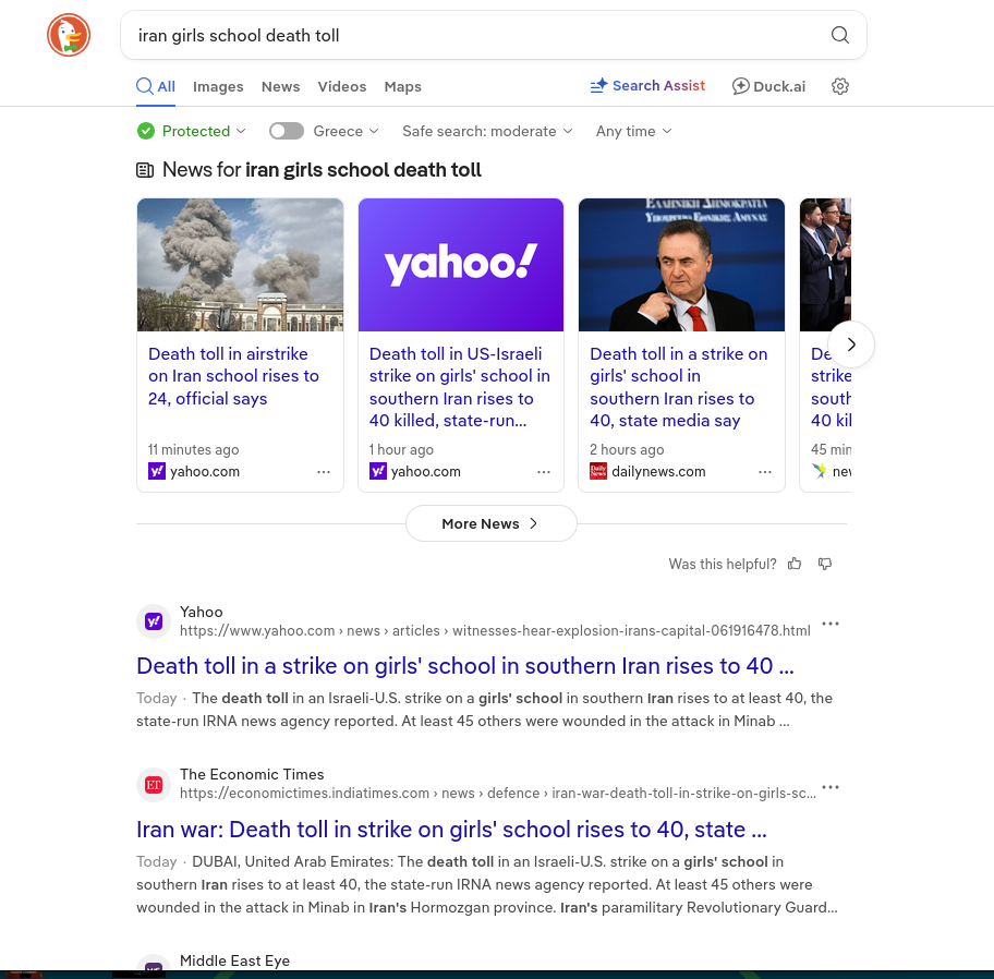 screenshot of a duckduckgo search for "iran girls school death toll", showing various media reporting on the killings.