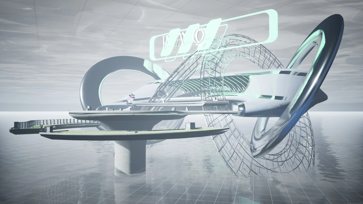 The "FAQ" building is a curvy, futuristic, shiny chrome pod standing in a vast silver sea. Some large wireframe and chrome rings hover astride the length of the pod.