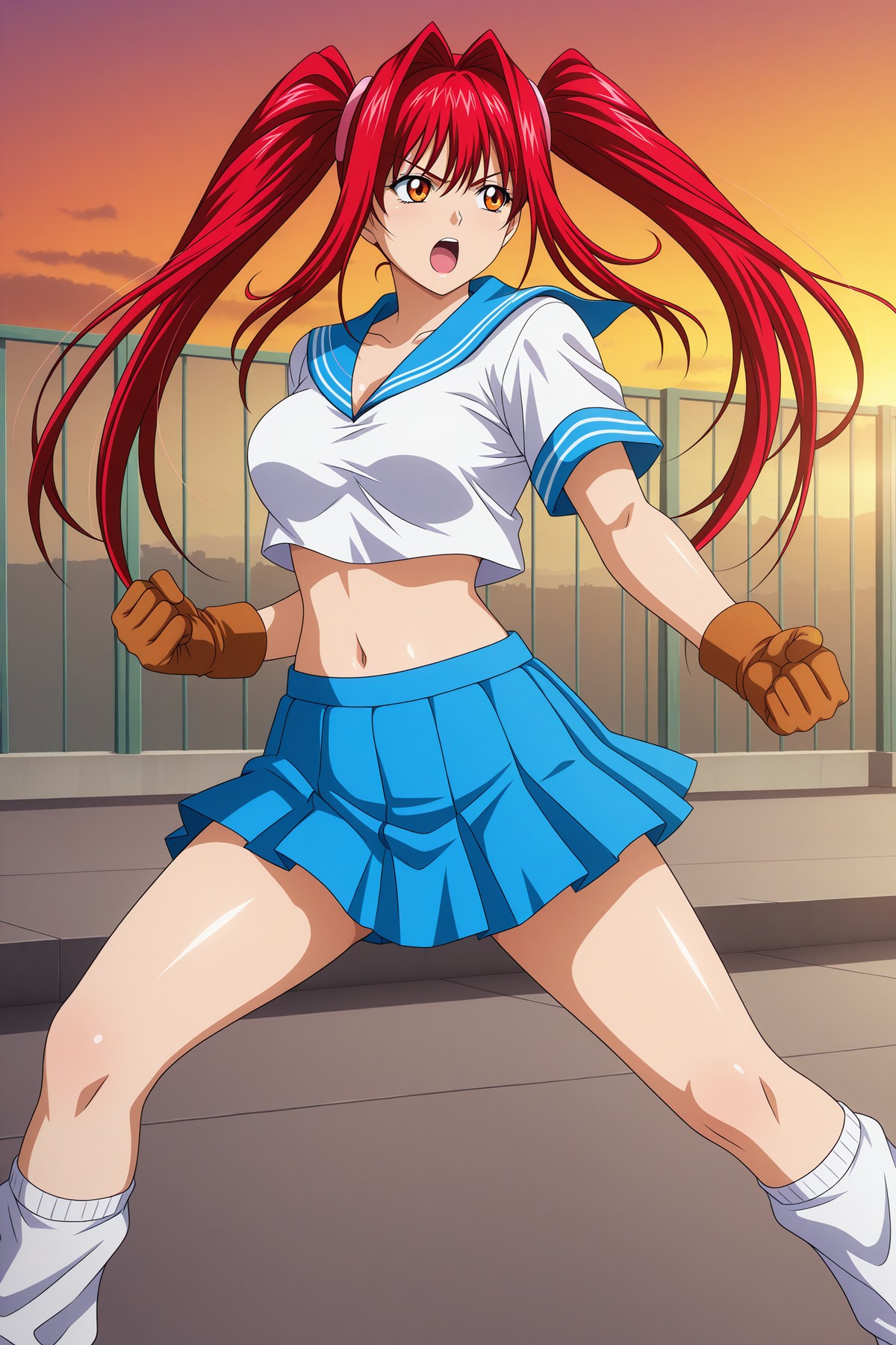 A young woman with orange eyes, bright red hair styled in two high pigtails, and an intense, open-mouthed expression in a low, wide martial arts stance with both hands clenched into fists. Her attire consists of a school uniform, including a white, short-sleeved sailor-style crop top with a blue collar, a blue pleated miniskirt, and white slouchy socks, accessorized with brown gloves. The background consists of a chain-link fence against a bright orange and yellow sunset sky.