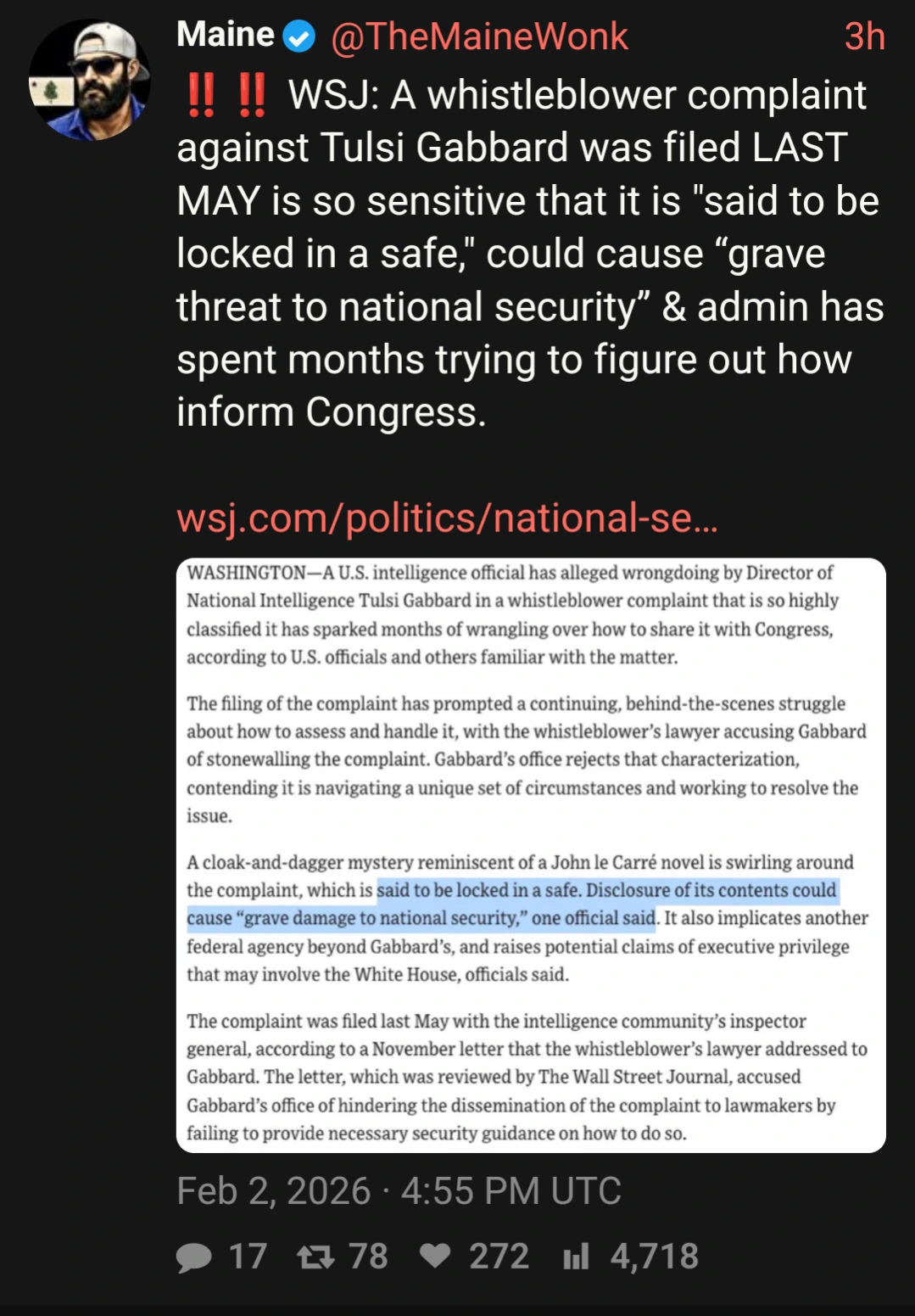 Tulsi Gabbard's wrongdoing was  so highly classified it’s being kept locked in a safe for months and has not been shared with Congress
