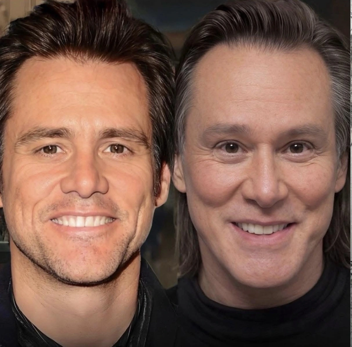 comedian and anti-vaxxer Jim Carrey can be seen in his prime years in one image, and on the other one is his new look