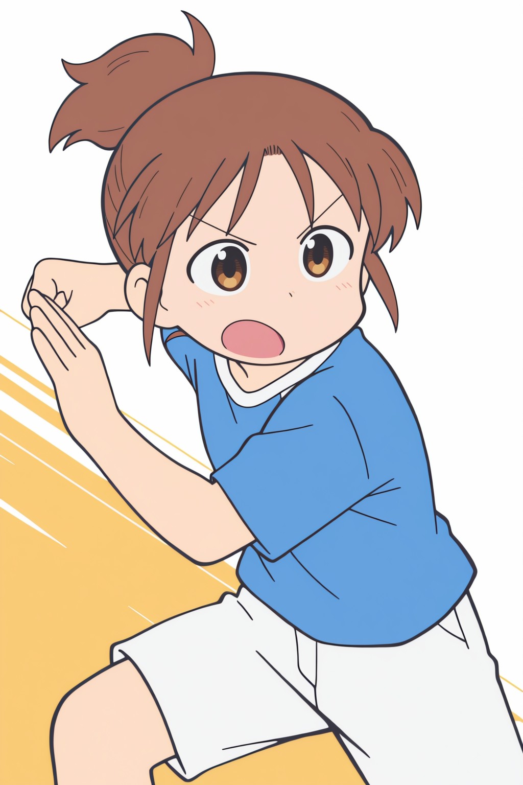 A woman with brown eyes, light brown hair pulled into a high ponytail, and a determined, open-mouthed expression. She is in a dynamic athletic pose, crouched low with her body angled and her right arm drawn back as if in the middle of throwing something. She is wearing a light blue short-sleeved t-shirt with a white ringer collar and white shorts. The background is primarily white, with a diagonal yellow graphic containing white speed lines behind her to suggest motion.