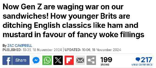Daily Mail article: "Now Gen Z are waging war on our sandwiches! How younger Brits are ditching English classics like ham and mustard in favour of fancy woke fillings"