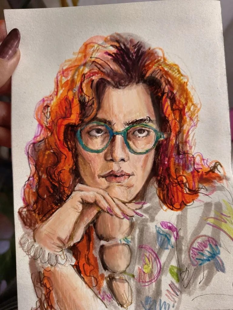 Self portrait. Digital painting over mixed media sketch
