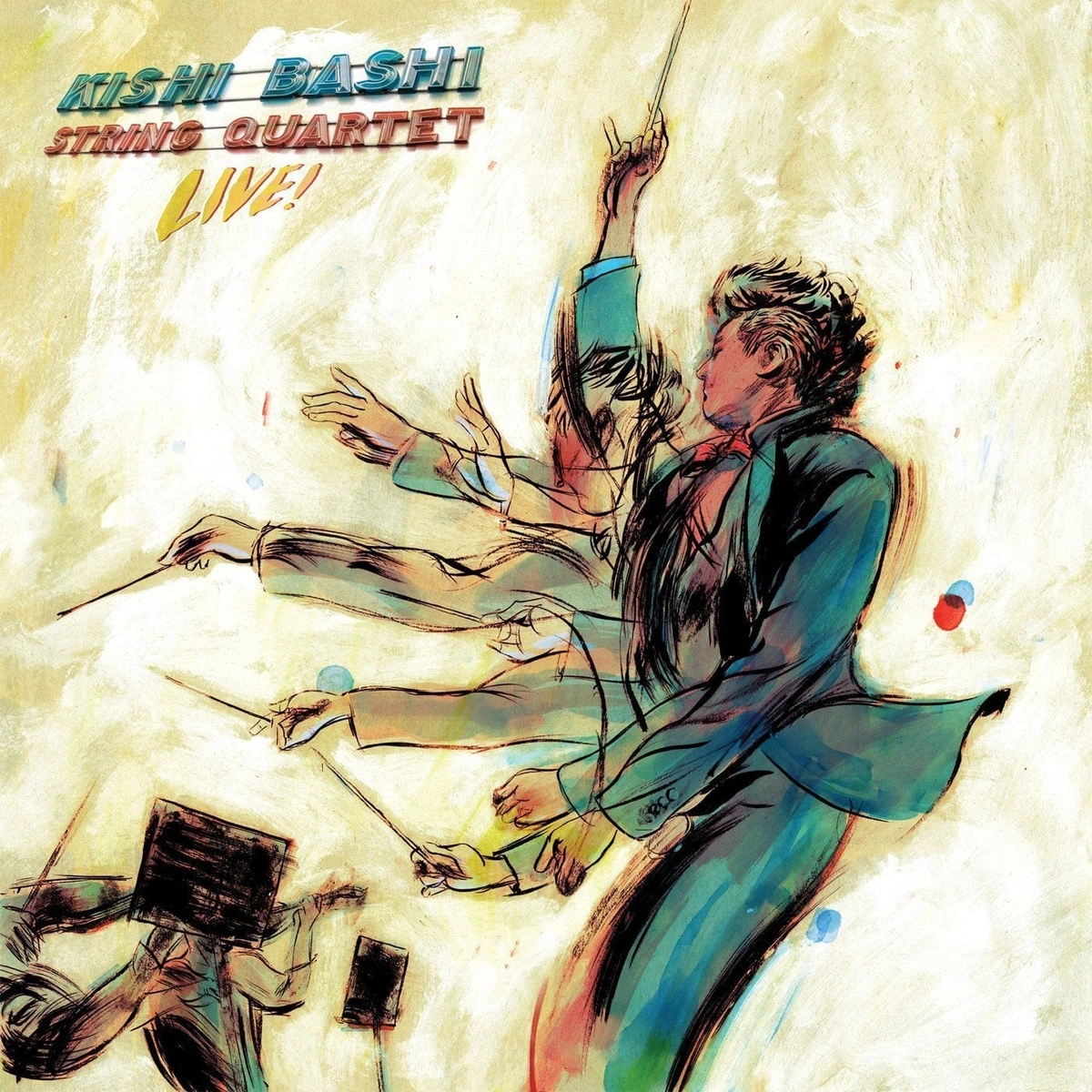 The album cover for Kishi Bashi's "String Quartet Live!", featuring a drawn, colour heightened view of an orchestra conductor in various energetic poses superimposed over each other, and a few string instruments and hands playing them in the corner