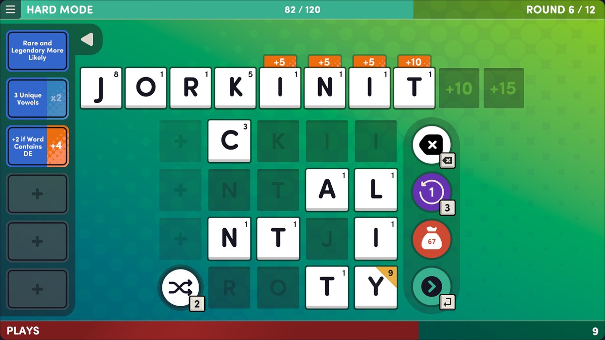 image of the game Word Play. You enter tiles to make words for points with various modifiers. Entered tiles are "J O R K I N I T"