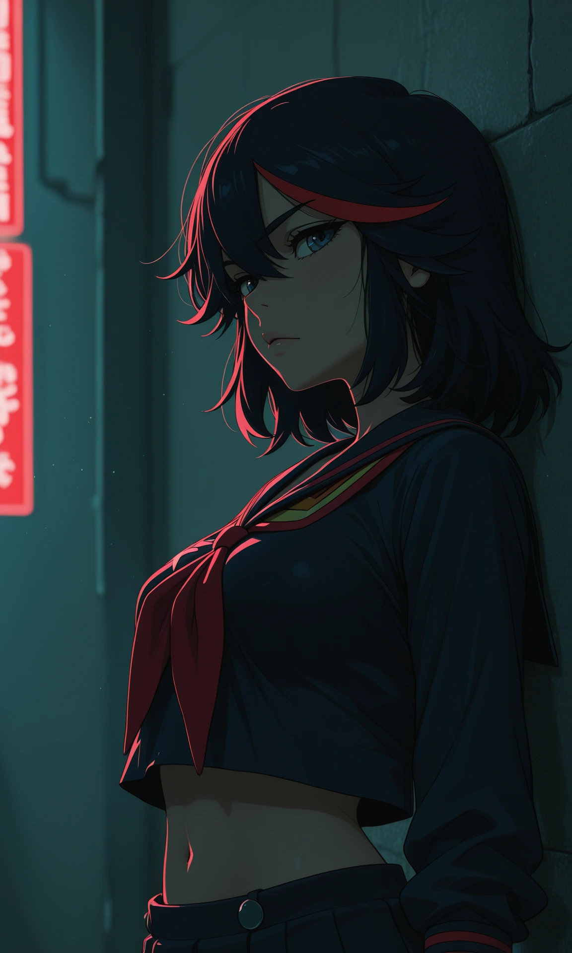 A young woman with blue eyes, short black hair featuring a single red streak, and a serious expression standing and leaning back against a wall in a dark alley. Her outfit is a long-sleeved, dark blue sailor-style school uniform, worn as a crop top, with an eye motif on the left side, a matching skirt and a red neckerchief. The background consists of the dark, textured alley wall and the out-of-focus vertical red sign.
