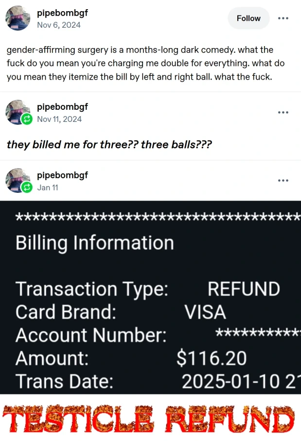 "gender-affirming surgery is a months-long dark comedy. what the fuck do you mean you're charging me double for everything. what do you mean they itemize the bill by left and right ball. what the fuck.", "they billed me for three?? three balls???", "Billing Information  Transaction Type: REFUND Card Brand: VISA Account Number: ********* Amount: $116.20 Trans Date: 2025-01-10 2" Testicle refun