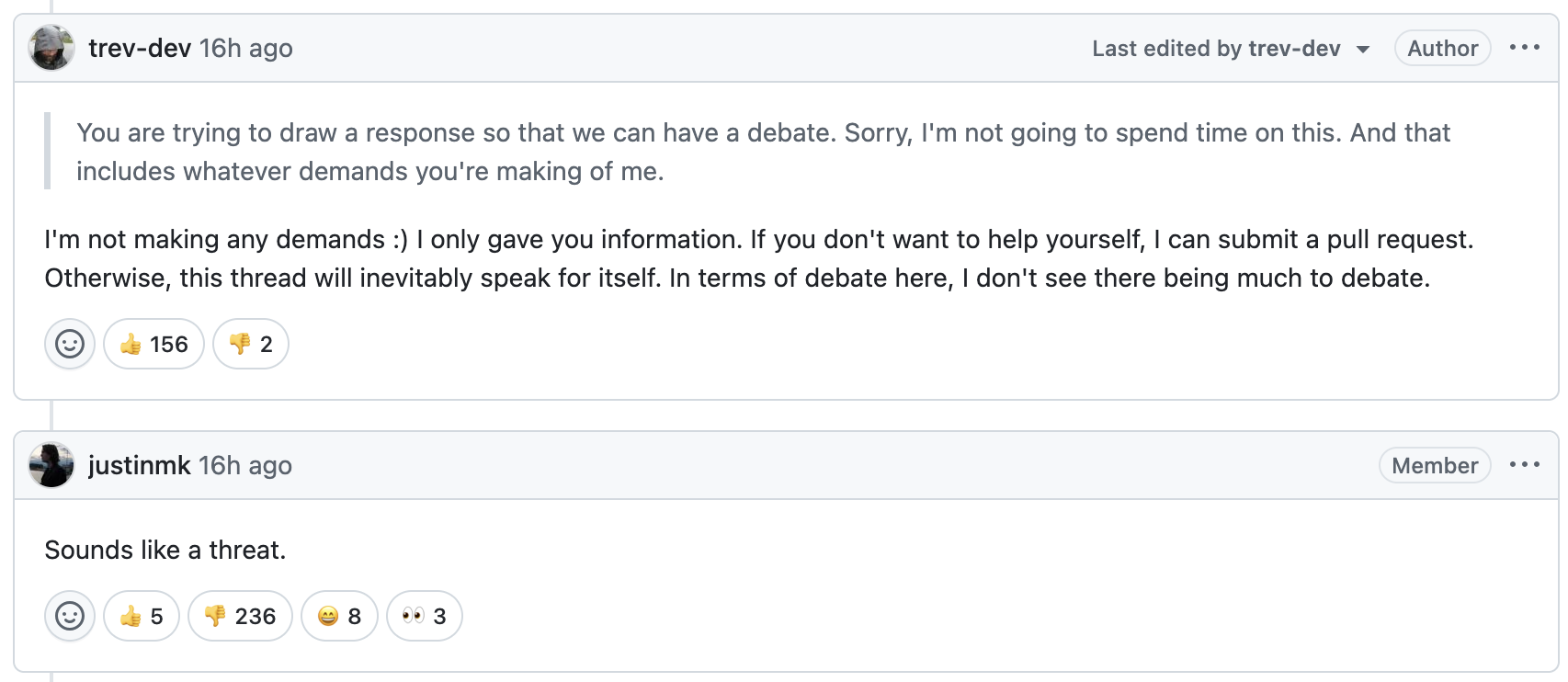 trev dev wrote: "I'm not making any demands :) I only gave you information. If you don't want to help yourself, I can submit a pull request. Otherwise, this thread will inevitably speak for itself. In terms of debate here, I don't see there being much to debate."justinmk responded: "Sounds like a threat."