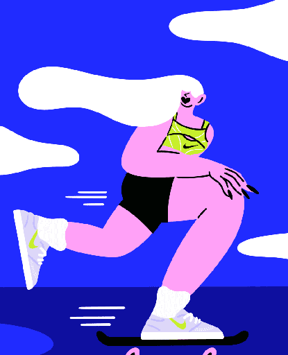 Stylized vector illustration of woman skateboarding with Nike shoes and bra on monochromatic background. Distorted proportions, barely any facial features other than a big smile. Long white hair blending into the cloud texture. Overly detailed bra, shoes and fingernails as opposed to anything else.