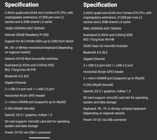 Specs of the RPi 500+ on the left compared with the 500