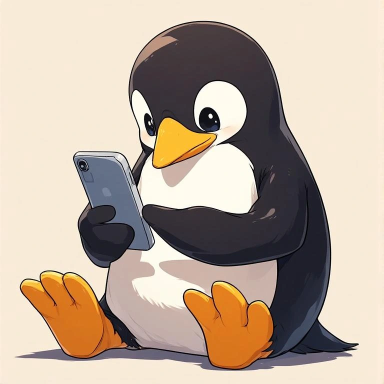 Tux il pinguino di Linux gioca con il cellulare