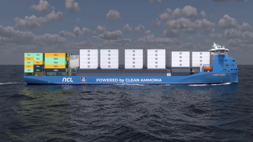 A computer generated image of a future container ship prototype functionning with ammonia as fuel. On its side is written "NCL" (North Sea Container Line logo) and "powered by green ammonia.