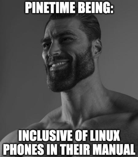 Giga chad meme "Pinetime being:" "Inclusive of linux phones in their manual"