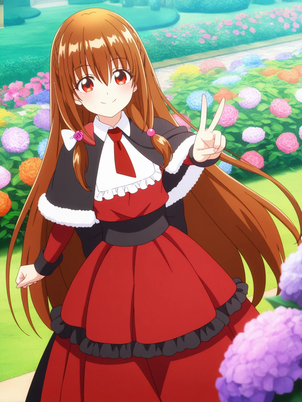 A smiling young woman with red eyes and long brown hair posed looking toward the viewer with her right hand raised, making a V-sign. She is wearing a red dress with a black ruffled skirt trim and a black cummerbund, a white collar with white ruffles, a red tie, and a short black cape trimmed with white fur, with a small white and red bow and rose pin in her hair. The setting is outdoors in a brightly lit garden park in the daytime, with the background consisting of a variety of colorful flowers, primarily large pink, purple, blue, and orange hydrangeas, and green bushes. 