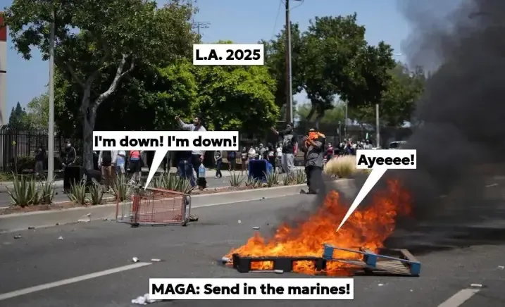 Photo reveals the violence and destruction that justifies President Trump's federal takeover of the California National guard: to shipping pallets on fire and an overturned shopping cart