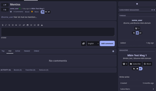 A screenshot of the mbin interface with some new notification toggles for the author, magazine and specific thread