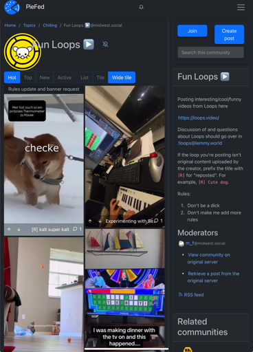 A screenshot of a Piefed site, showing large tiles of videos shared from Loops.video.