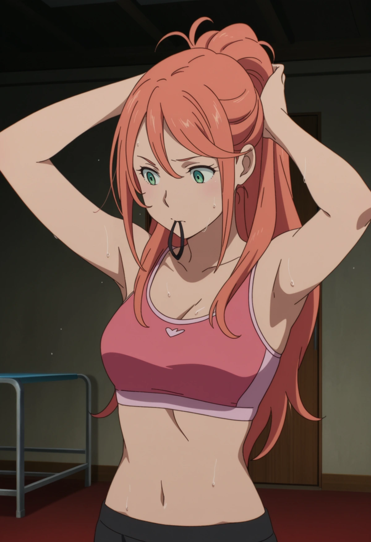 A woman with green eyes, long orang hair, and a focused expression using both hands to gather her hair into a ponytail while holding a black hair tie in her mouth. Her outfit consists of a pink sports bra and dark shorts. The setting is a dark room, with the background consisting of a dark wall, a wooden door, and a blue tableon the left.