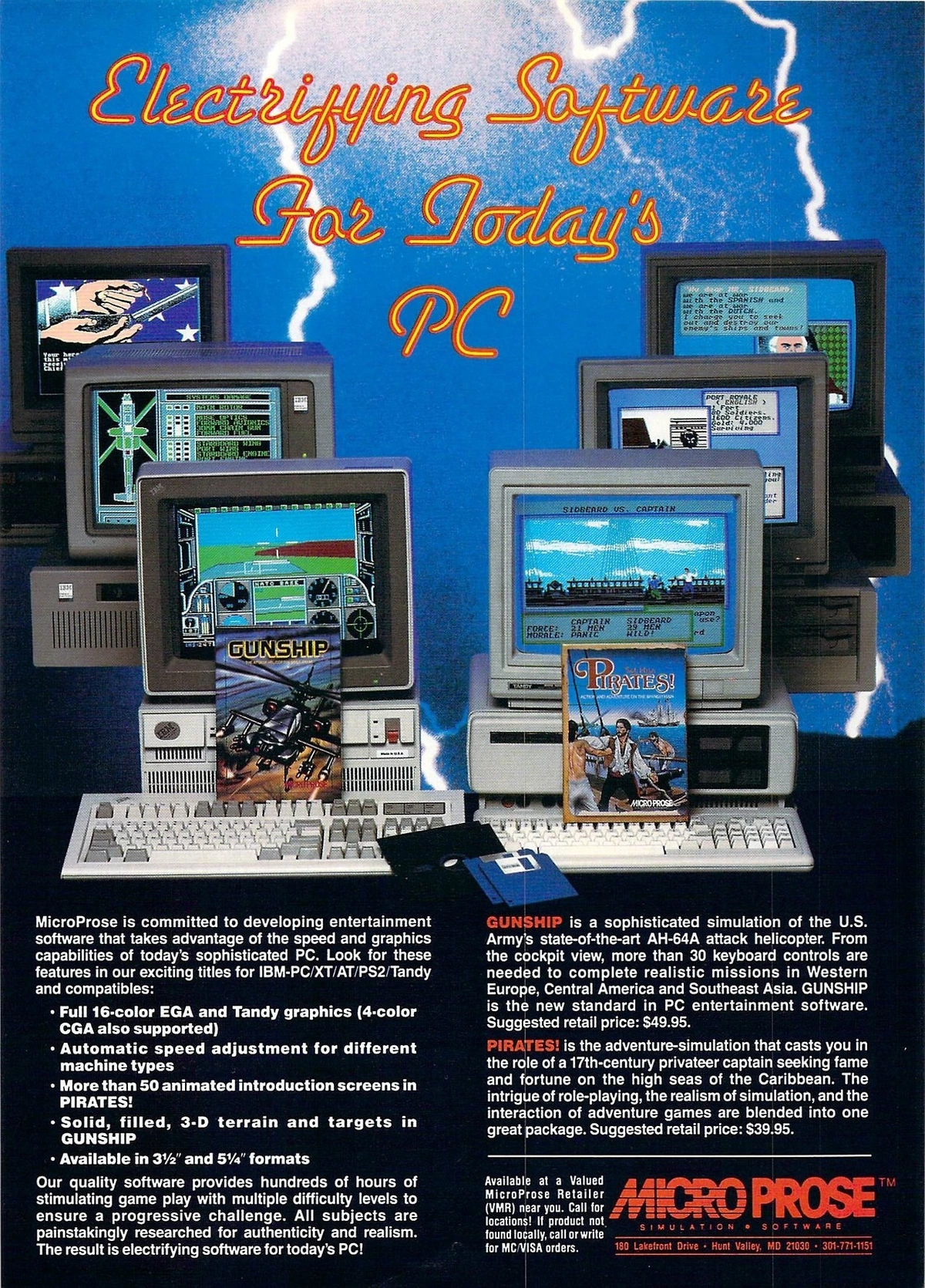 A magazine ad for MicroProse games with lighting in the background against a blue sky, and six very clear photos of vintage PCs arranged in diagonal lines with their screens showing the two games. Boxes and floppies are arranged in front of and on the keyboards.
