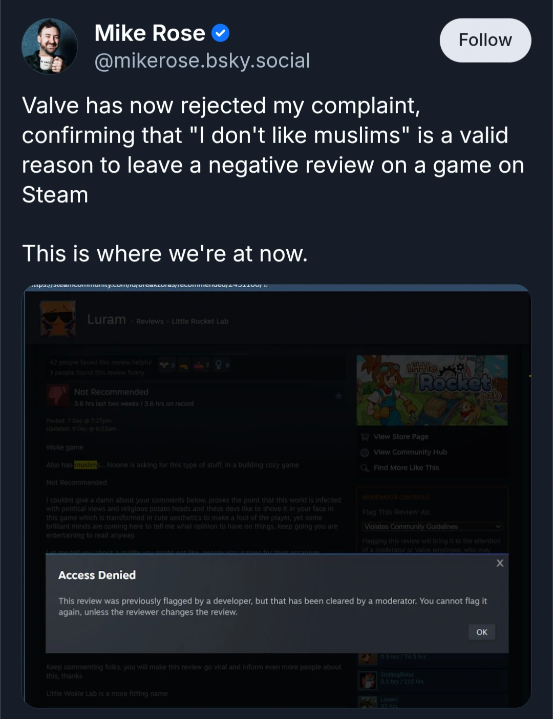"I don't like Muslims" is a valid steam review according to Valve