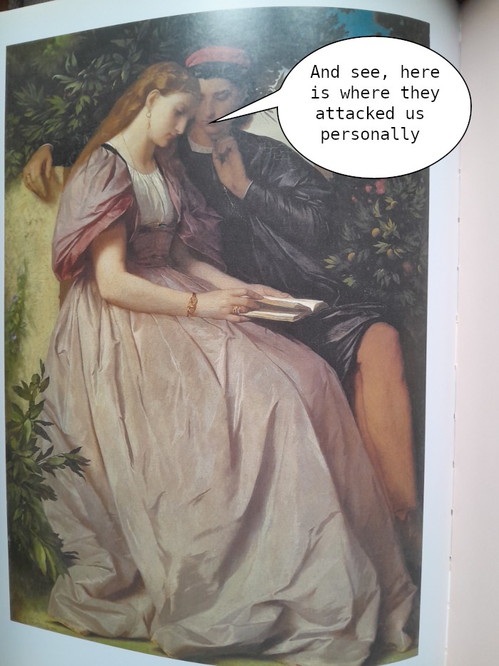 A painting of two people in old aristocratic clothing, sitting together in nature against a rock, with bushes around them. One is reading a book, while the other leans to follow the story. Speech bubble from the one holding the book: "And see, here is where they attacked us personally"