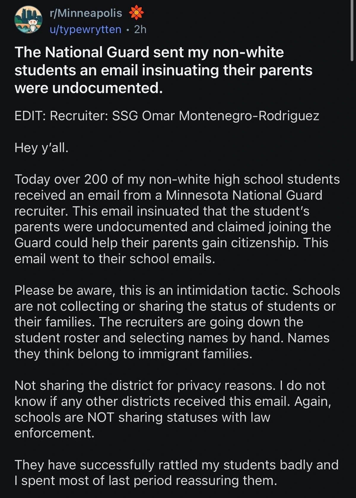 The Minnesota National Guard is attempting to recruit high school kids by insinuating their parents might be deported if they don't sign up