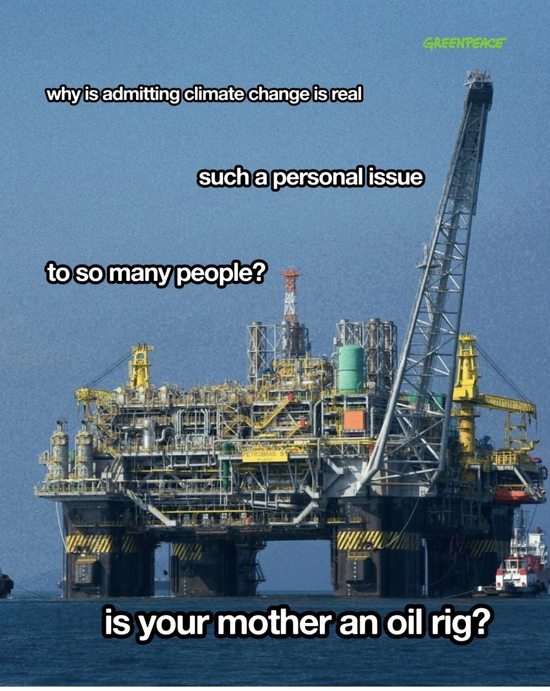 A photo of an offshore oil rig. The captions read "