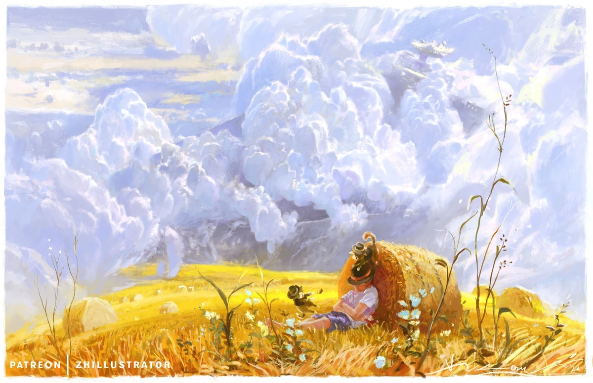Boy in a hat lays against a haystack amidst a glowing golden wheat field and swirling breezy clouds.