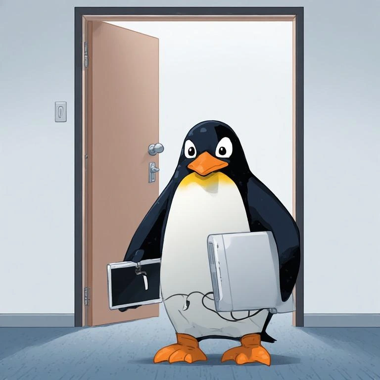 Tux il pinguino di Linux entra da una porta con un pc in mano