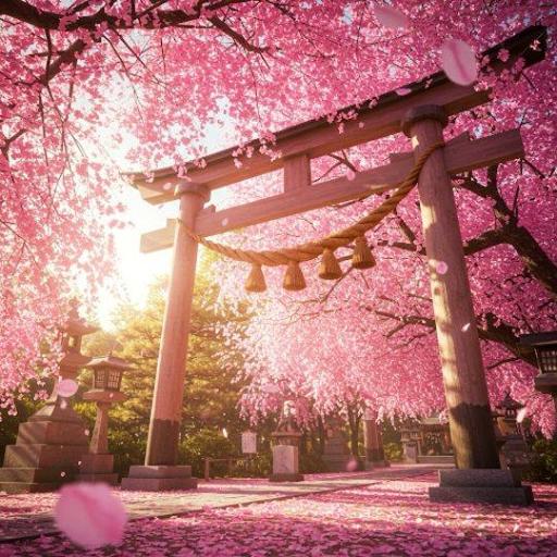 A torii surrounded by pink blossoms.