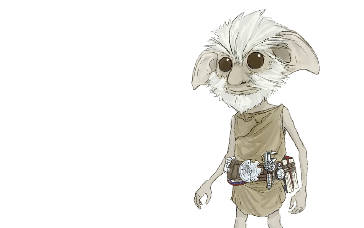 Drawing of a furry faced, spindly creature with big ears and sack like clothing and in a tool/book belt. Because everyone should have a book belt for emergency books :)