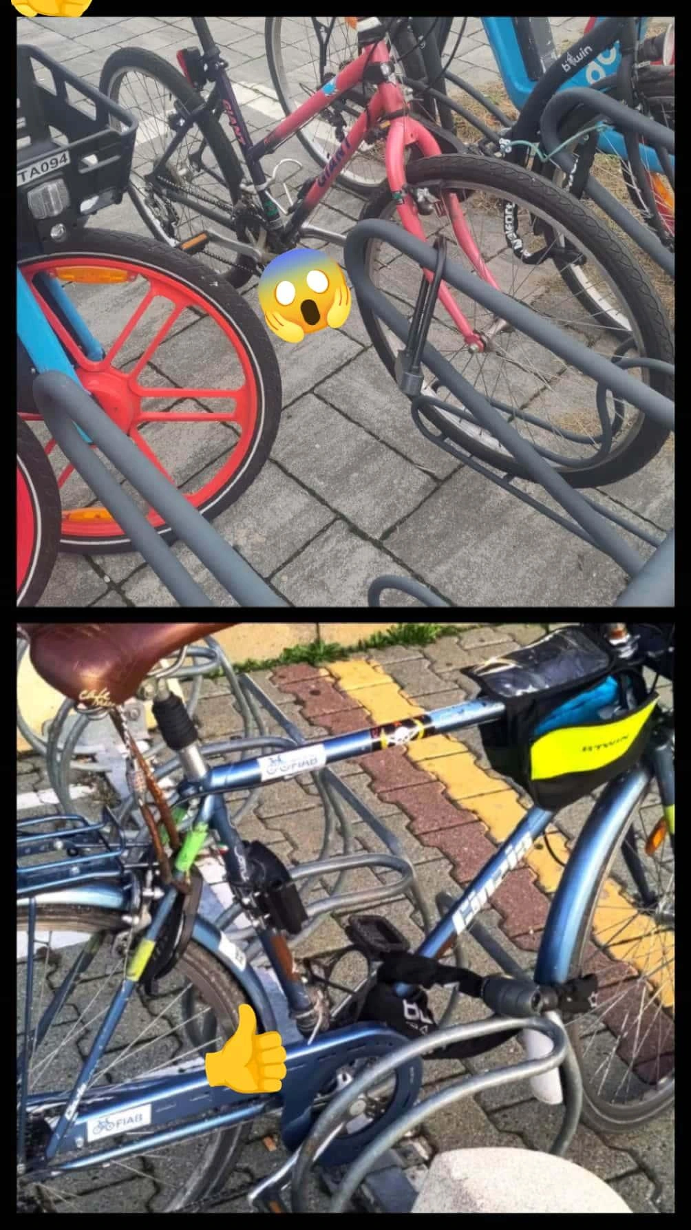  2 overlapping photos. at the top: a mountain bike is leaning against a rack of those with a high structure. A U-lock ties an arm of the fork to the rack. Dismantling the wheel a thief takes everything. In the photo below: how I tie my bike to the uncomfortable racks, with low structure. The bike is straddling the structure, so I can easily tie the frame instead of just the wheel