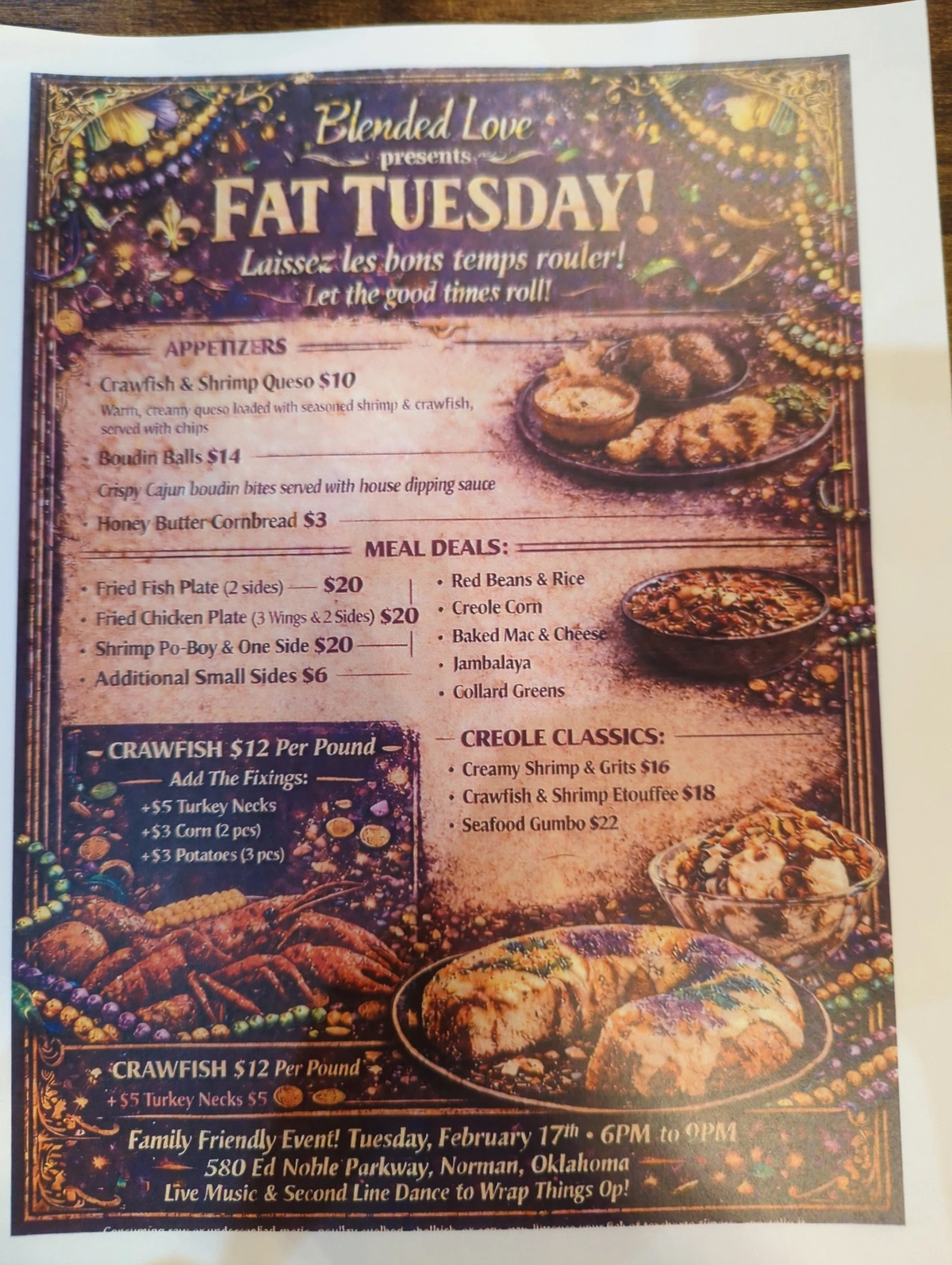 Menu of creole food for fat tuesday