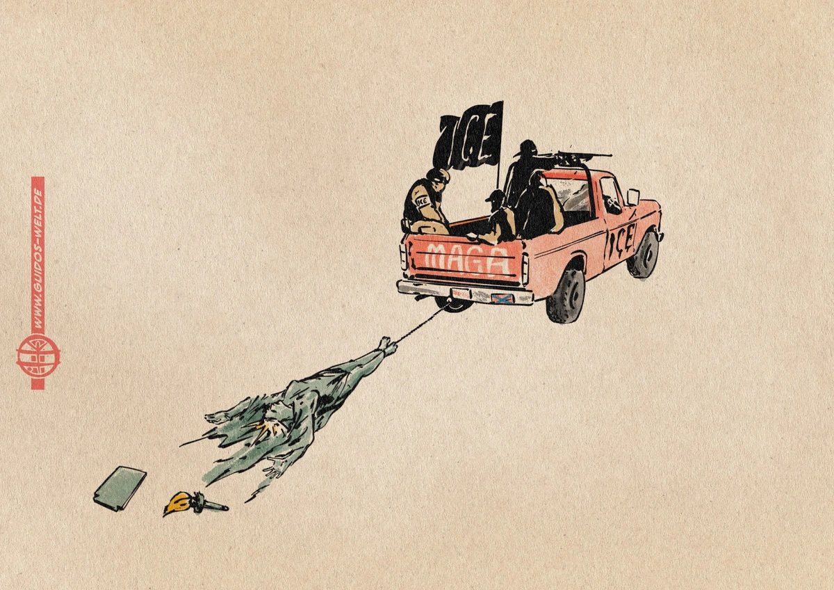 Illustration of helples Lady Liberty lying on her back dragged behind a Pickup. The Pickup is red, marked with MAGA an ICE, sporting a black ICE Flag and with ICE Agents sitting on it.
