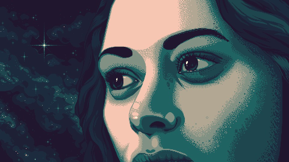 Close-up pixel art portrait of a woman in green hues, with stars in the background