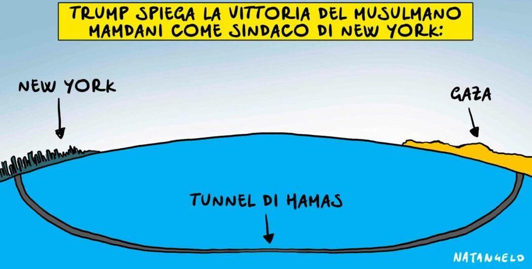 Nel disegno, un lunghissimo tunnel sottomarino di Hamas collega Gaza alla città di New York.