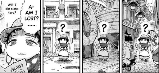 Crop of a page from Hakuei and Mikochi. Four vertical panels of a woman standing confused in different parts of a city. In the last panel her dialogue reads: "Am I lost?... Wil I die alone here?"