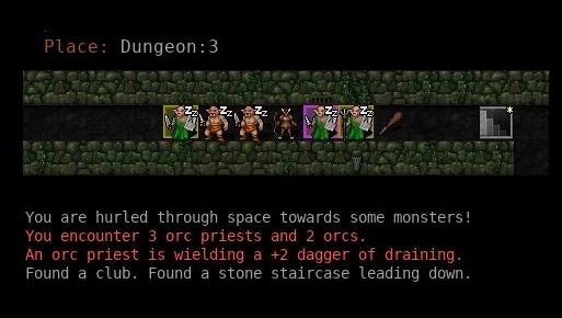 A screenshot of Dungeon Crawl Stone Soup with my character, a minotaur hunter, standing in a hallway surrounded by orc from both sides. The game log clarifies that I got here by using a teleport scroll.