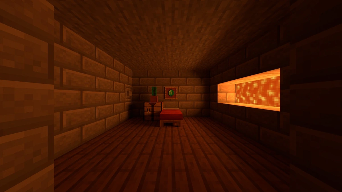 Photo is from minecraft

It displays a red bed in the middle of a stone rock room.

It has a window with lava just outside it, giving the room a cozy yellow glow.

