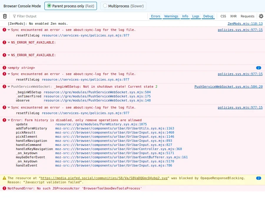 Zen Browser Console output viewing piefed.social.webp