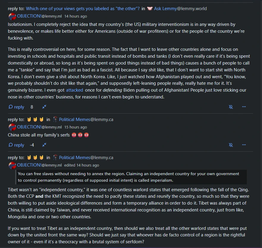 ML goons have zero self-awareness. Pro-isolationism in all cases (but imperializing Tibet is okay)