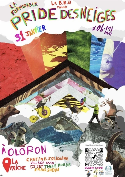 Affiche super kitch en collage avec des animaux et des bouts de paysage dans les couleurs du drapeau LGBTI. Info dans le post.