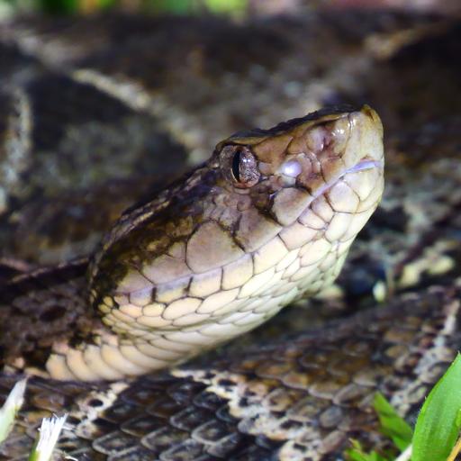 Close-up portrait of a snake's head showing intricate scale patterns with cream-colored underside and darker patterned top. The reptile's distinctive vertical pupil and dark eye stand out against its textured skin.