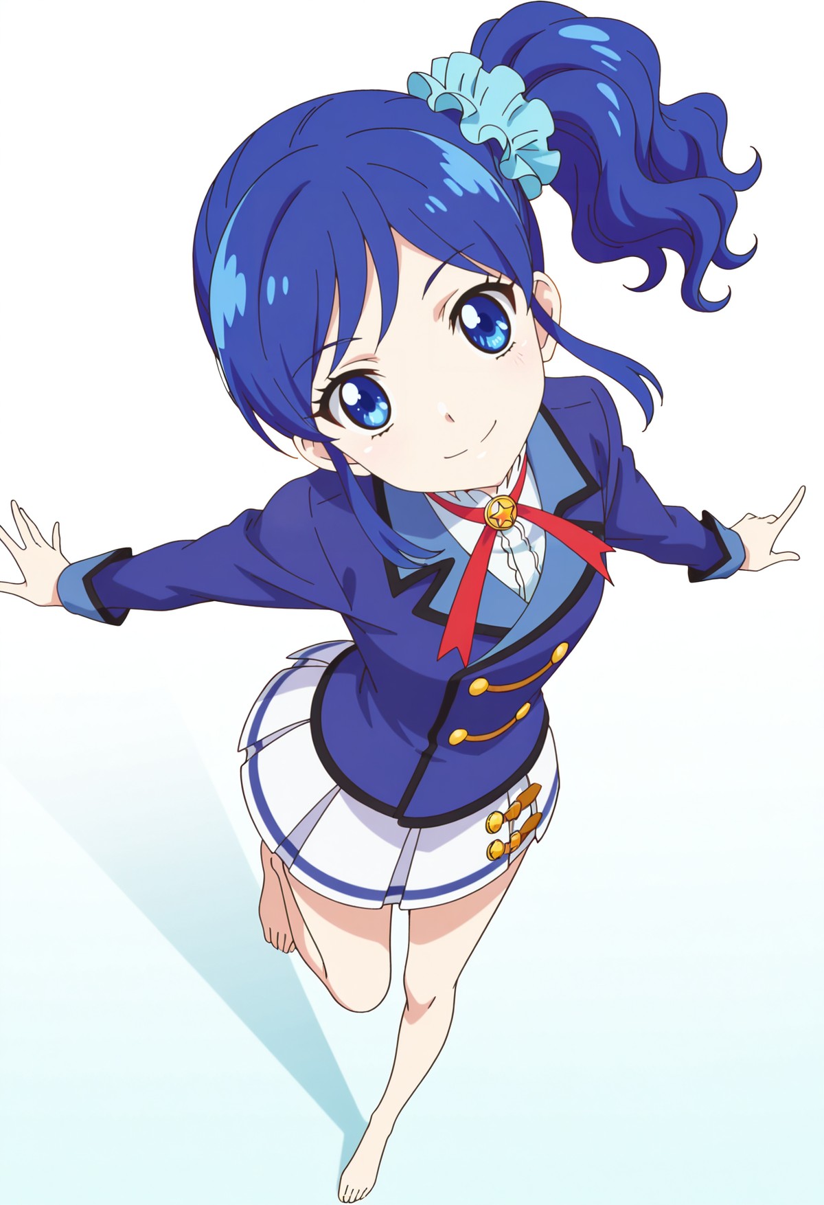 A high angle shot of a young woman with blue eyes, matching blue hair, and a gentle smile looking up toward the viewer. Her hair is styled in a high side-ponytail held by a light blue scrunchie. She is captured in a dynamic pose as if running forward, with her arms spread out to her sides for balance. She is wearing a school uniform consisting of a blue, double-breasted blazer with gold buttons and piping, a white ruffled blouse, a red ribbon with a gold star pin at the collar, and a white pleated skirt with a blue stripe and gold charms. 